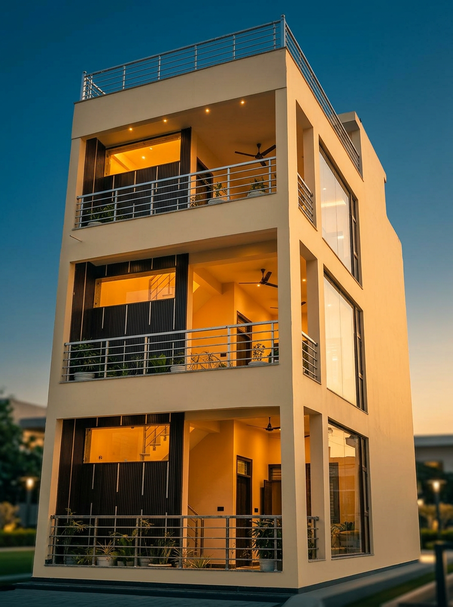 Walnut Suites — modern luxury hotel exterior at dusk